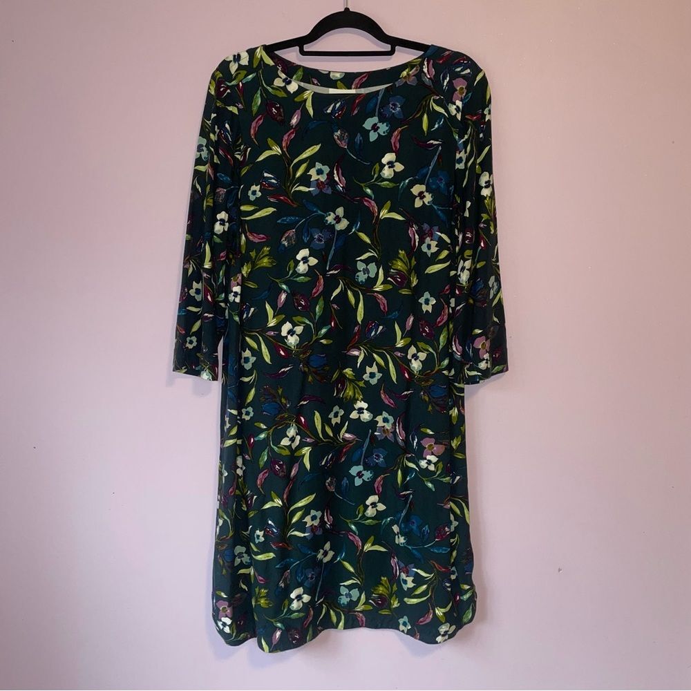 J Jill Size L Midi Floral Print Dress Soft Jersey Knit Navy